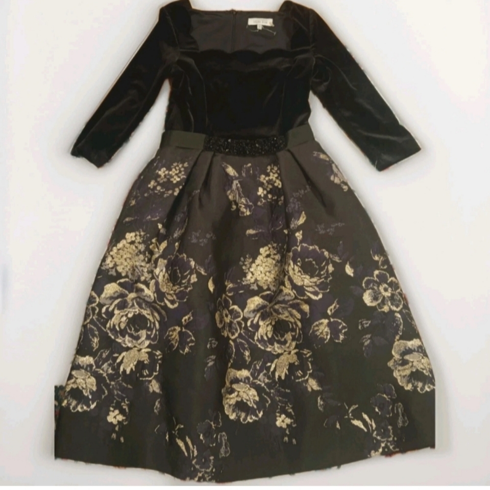 Rickie Freeman Teri Jon Black Scallop Velour Belted Metallic Jacquard Dress SZ 4